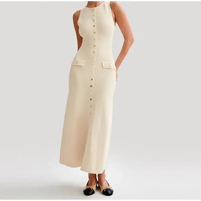Robe longue tricotée à simple boutonnage pour femme