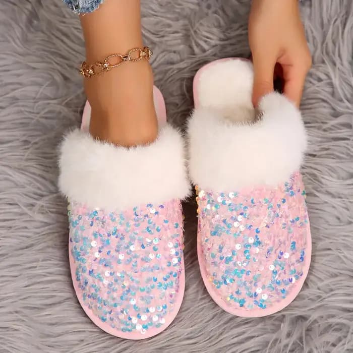 Pantoufles d'intérieur en fourrure de tissu à paillettes de luxe pour femmes