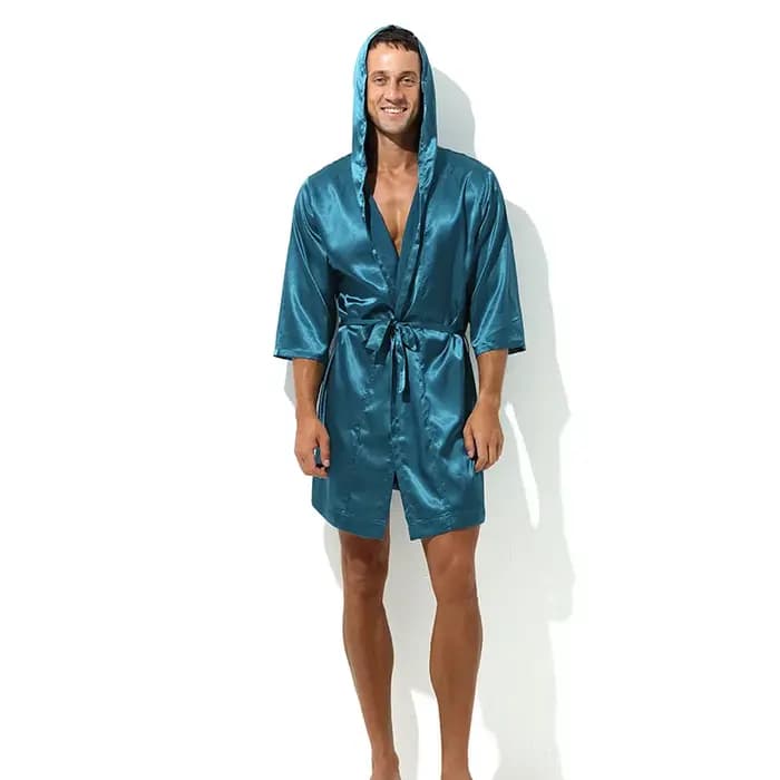 Homme Robe à capuche soie Satin Kimono vêtements de nuit demi manches peignoir