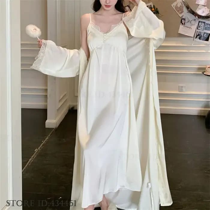 Femmes longue Twinset Robe ensemble Sexy dentelle garniture mariage peignoir Kimono