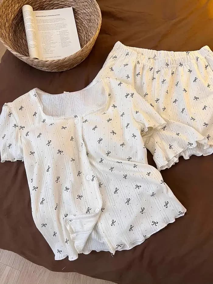 Pyjama Sweet Girl à manches courtes et short avec coussinets de poitrine et nœud, nouveau ensemble de vêtements d'intérieur d'été, vêtements fins et respirants pour femmes