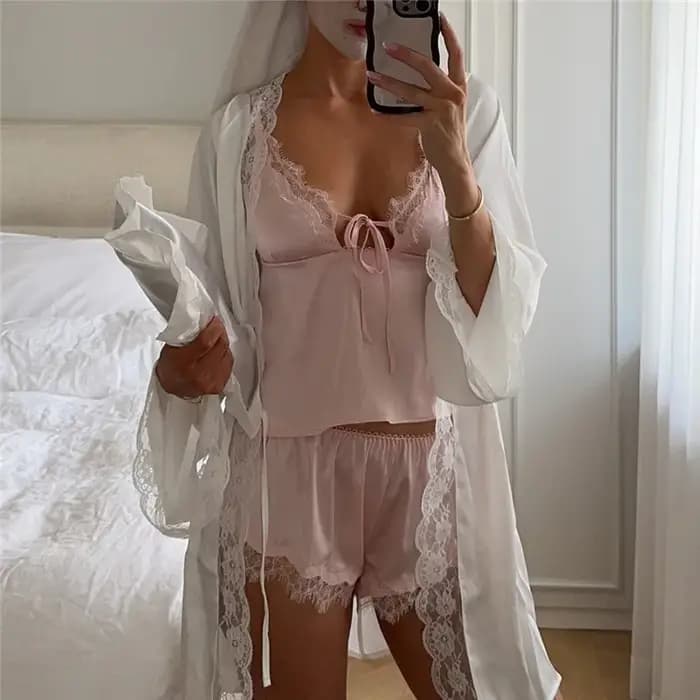 Hirigin – ensemble 2 pièces en satin et soie pour femmes, haut et short sexy avec garniture en dentelle, couleur unie, pyjama Y2K, ensemble de détente mignon assorti