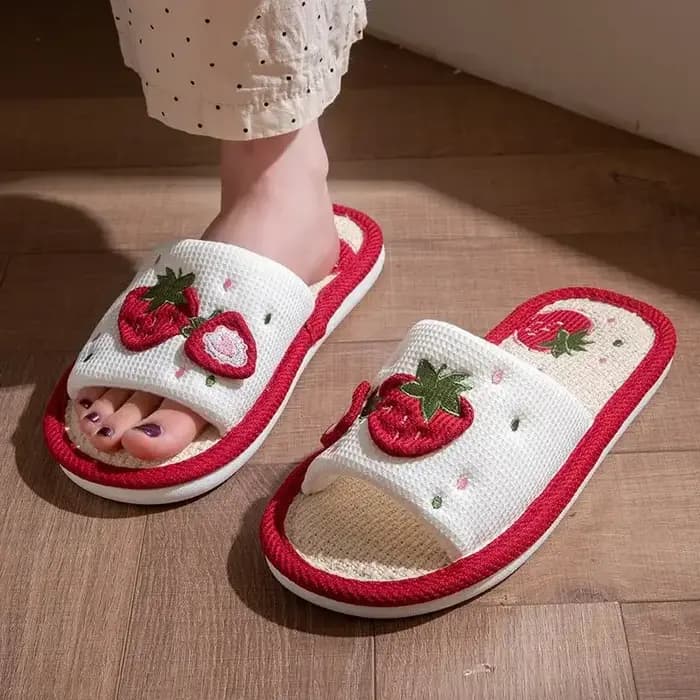 Pantoufles en lin fraise pour filles, sandales de maison silencieuses et antidérapantes à semelle souple avec Support d'arc ergonomique, chaussures d'intérieur confortables