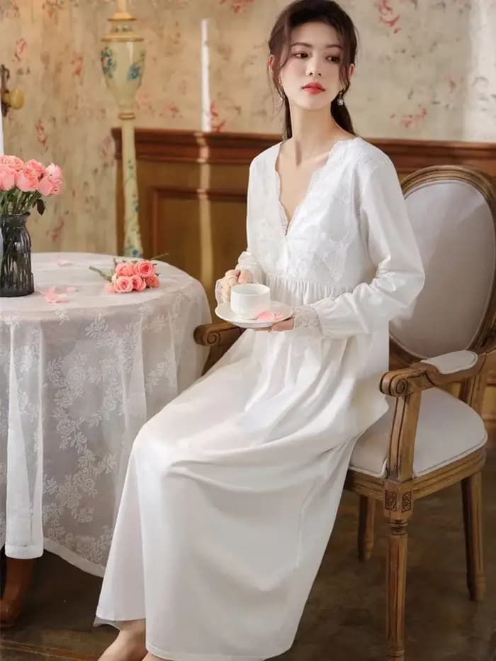 Femmes coton volants dentelle col en v Vintage chemises de nuit Robe nuisette à manches longues