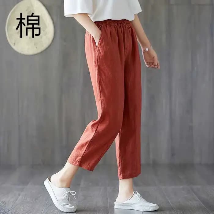 Sarouel en coton et lin pour femme, pantalon décontracté, été
