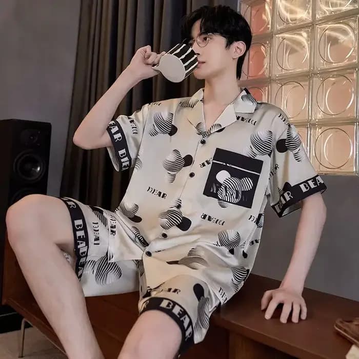 Ensemble pyjama grande taille pour hommes, en soie glacée, ours de dessin animé, manches courtes, Cardigan deux pièces pour étudiant, revers, lettres Smiley, Code 3xl