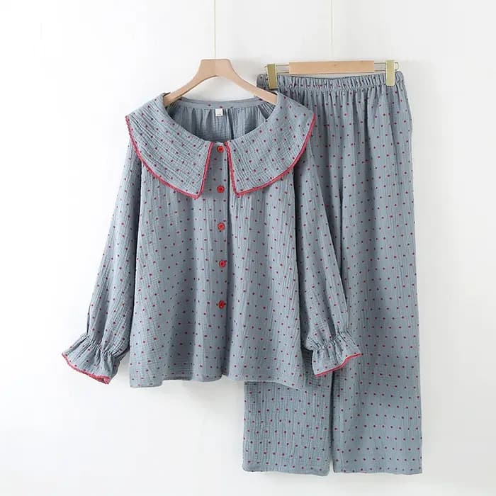 Pyjama à manches longues en coton imprimé à pois pour femmes, pantalon long, col beurre doux, vêteme