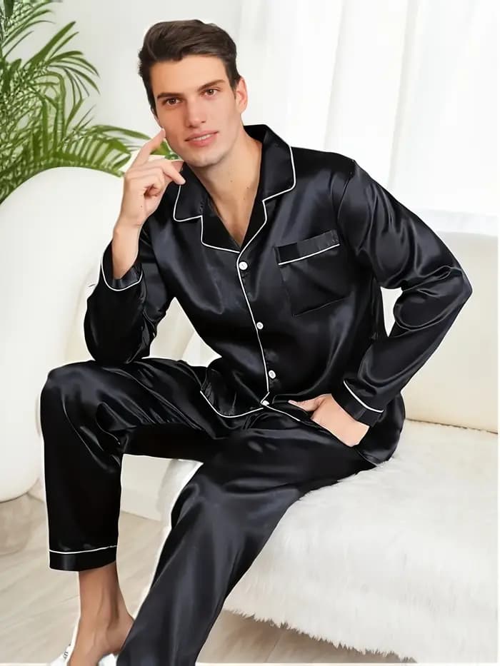 Nouveaux hommes pyjama ensembles vêtements de nuit pour homme chemise soie à manches longues Pyjama