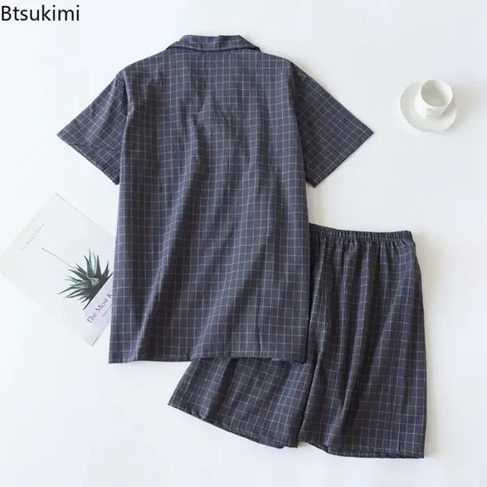 Nouvel ensemble de pyjama de haute qualité pour homme, vêtements d'intérieur deux pièces, mode simple, manches courtes et pantalon, pyjama japonais à carreaux pour homme
