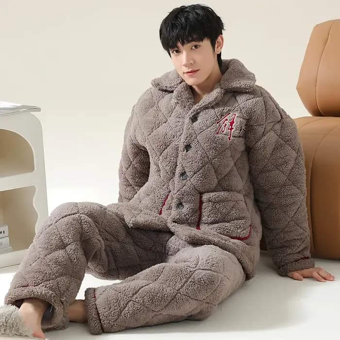 Le plus récent ensemble de pyjamas d'hiver hommes épais 3 couches pince vêtements de nuit en coton c
