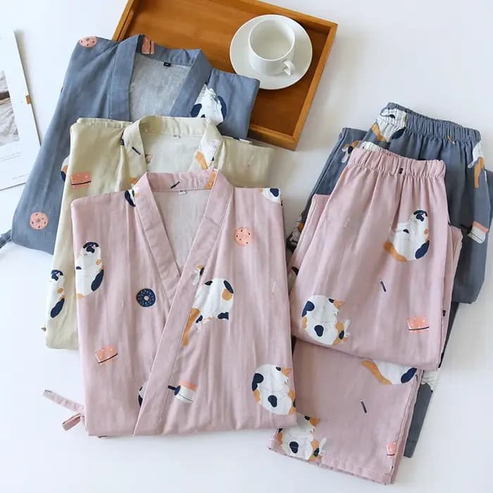 Nouveau kimono de style japonais deux pièces couple pyjama couverture hommes et femmes pur coton gaze mignon chaton mince service à domicile grande taille