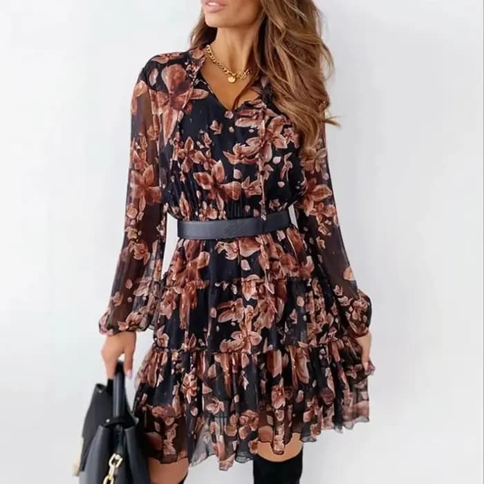Robe plissée à imprimé Floral pour femmes, col en v, manches longues, à volants, ligne a, robe enveloppée, printemps été, vacances, robes de plage, Streetwear