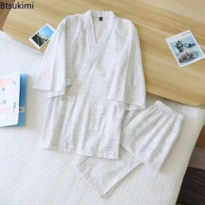 Pyjama Kimono Homme Manches Longues Pantalon Japonais Nouvelle Collection Été Ample Simple Coton Rayé Ensemble de Nuit Respirant