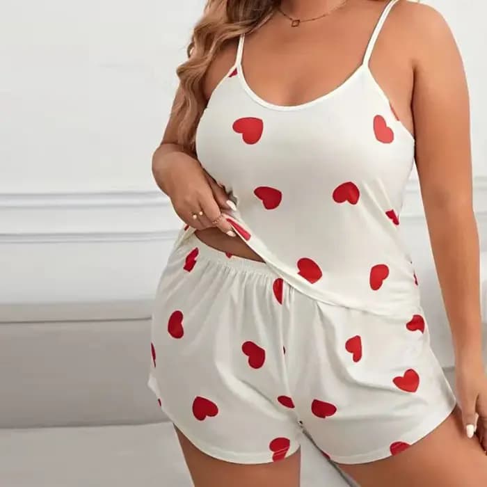 Plus Size Women Pajama Set Sleeveless O Neck Top & Elastic Waist Shorts Heart Print 2 Pieces Female Sleepwear Nightwear