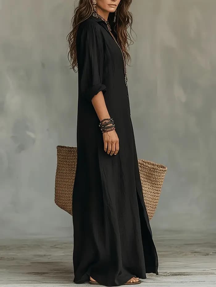 Robe longue en lin noir pour femme - Manches retroussables
