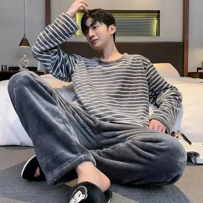 Hommes hiver chaud flanelle pyjama ensembles à manches longues épais Homewear