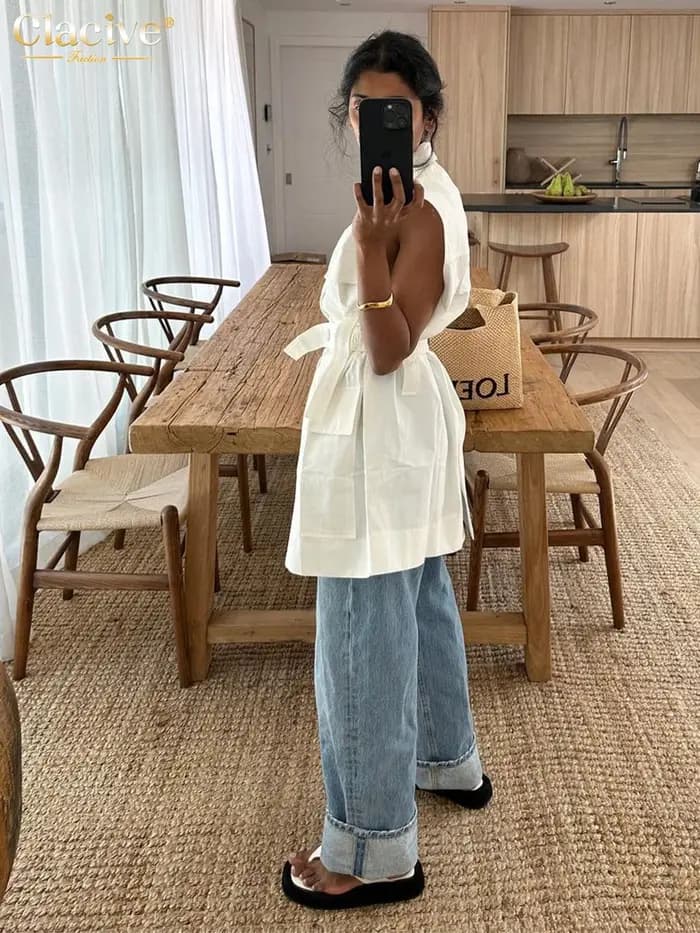 Clacive mode ample blanc coton femmes chemise 2024 élégant revers sans manches chemises décontracté classique solide haut femme vêtements