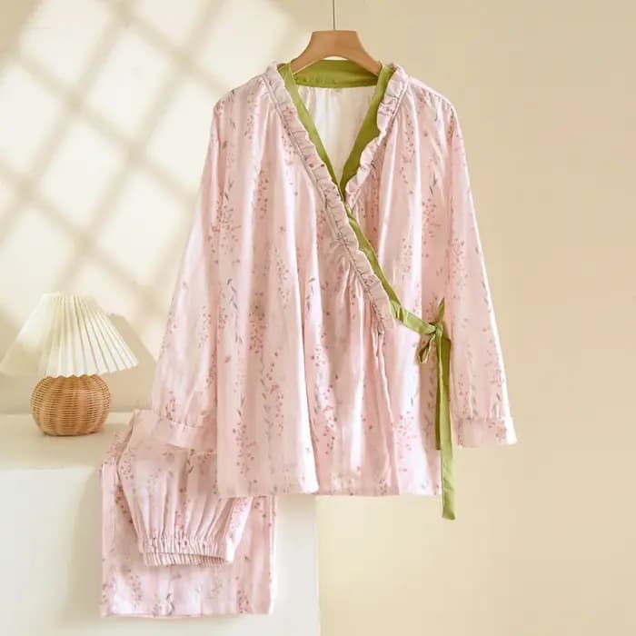 Pyjama chinois style kimono pour femme, collection printemps-automne 2025 – Nouveau cardigan ample à manches longues en pur coton pour la maison