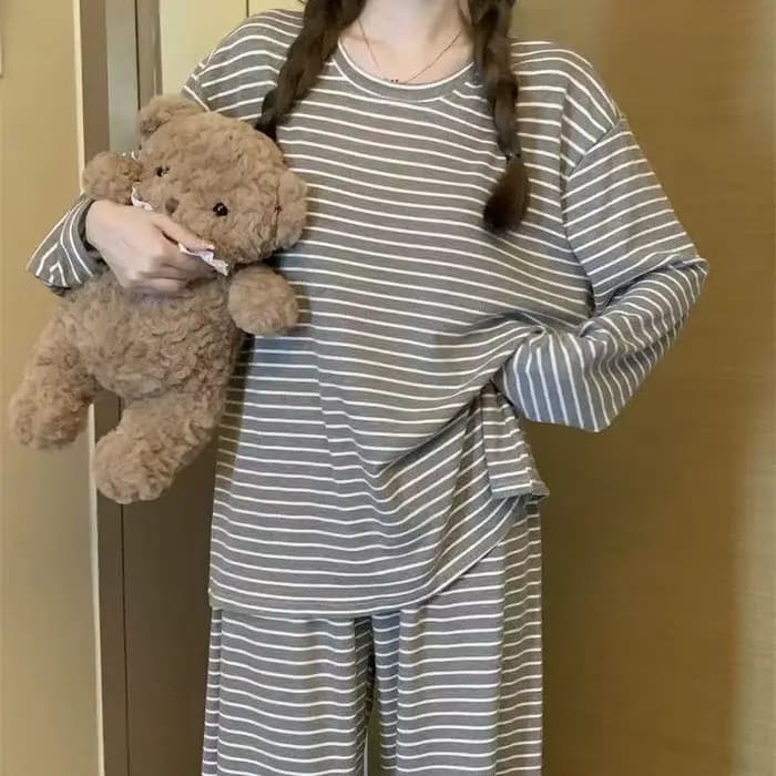 Pyjama rayé simple de style coréen pour femmes, saison printemps-automne, décontracté, manches longu