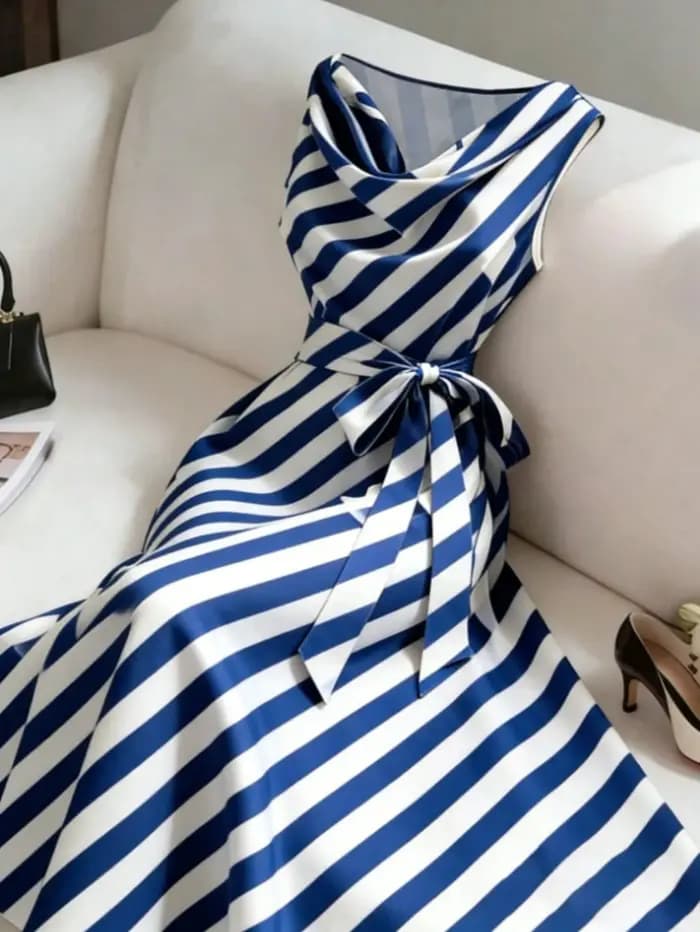 Robe rétro à rayures françaises pour femme avec ceinture à nouer