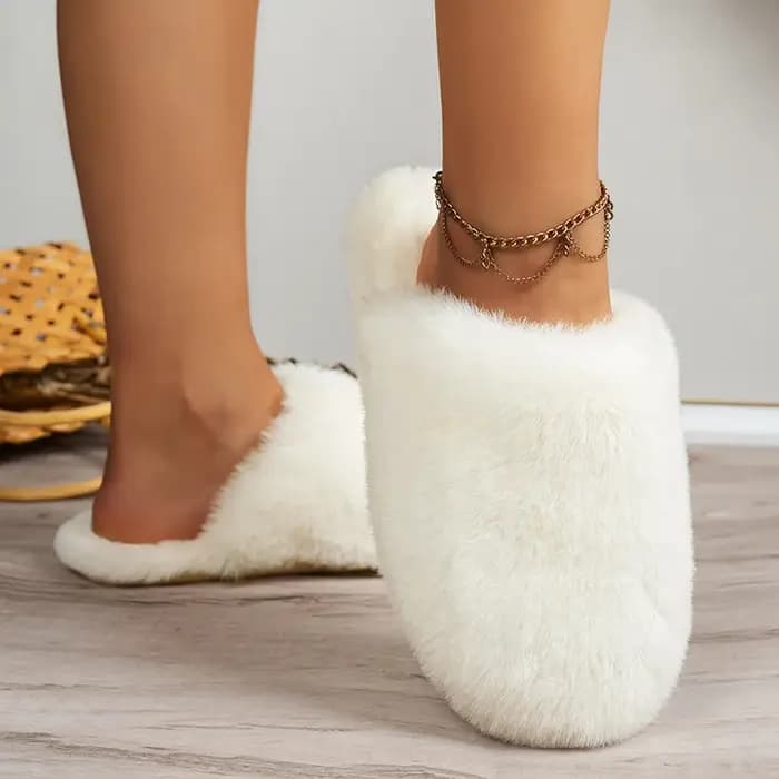 2025 hiver Beige moelleux flou pantoufles femmes confortable chaud maison coton