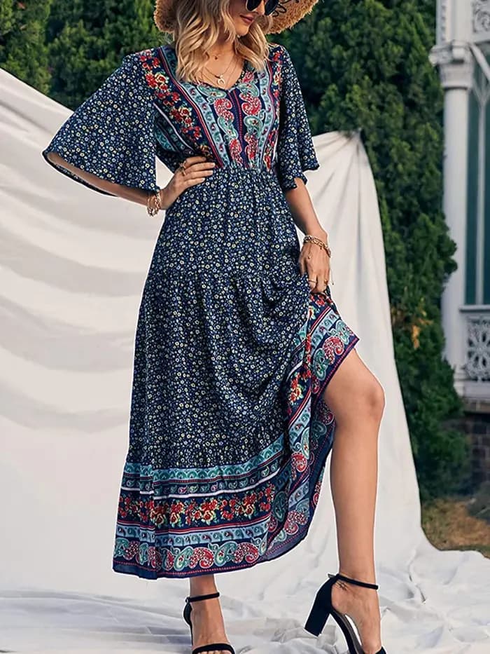 Robe longue décontractée à manches courtes et col en V pour femmes