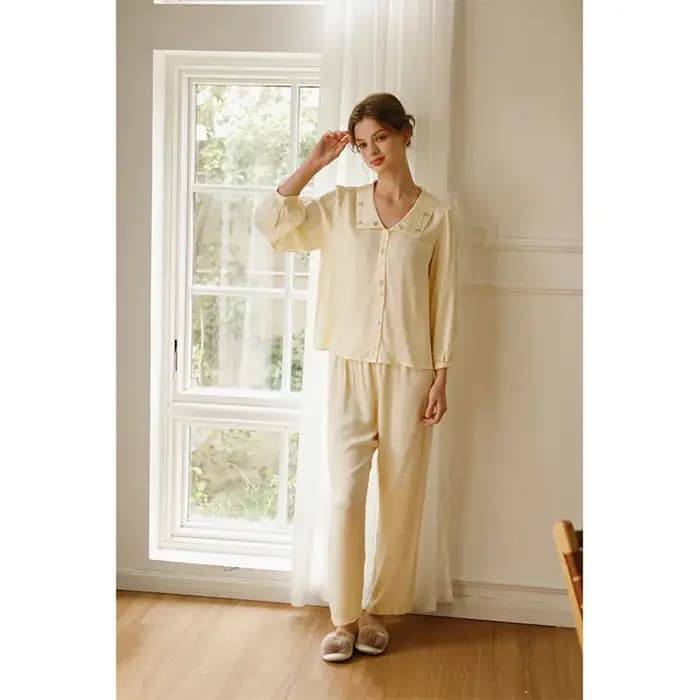 Pyjama Deux Pièces Brodé en Rayonne pour Femme, Manches sulf, Doux, 100% Viscose, Pantalon Long, Vêtements de Nuit, Printemps