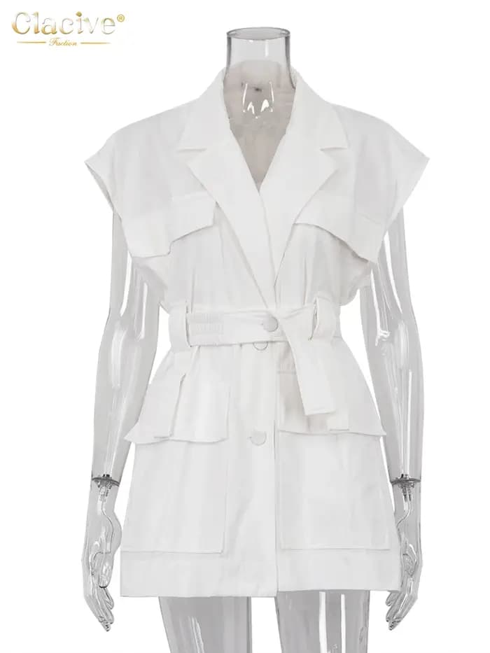 Clacive mode ample blanc coton femmes chemise 2024 élégant revers sans manches chemises décontracté classique solide haut femme vêtements