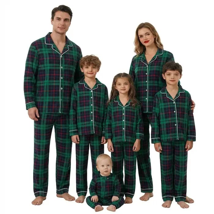 Ensemble pyjama familial joyeux Noël, imprimé à carreaux, tenues assorties pour adultes et enfants, chemise à col rabattu à boutons + pantalon, ensemble 2 pièces