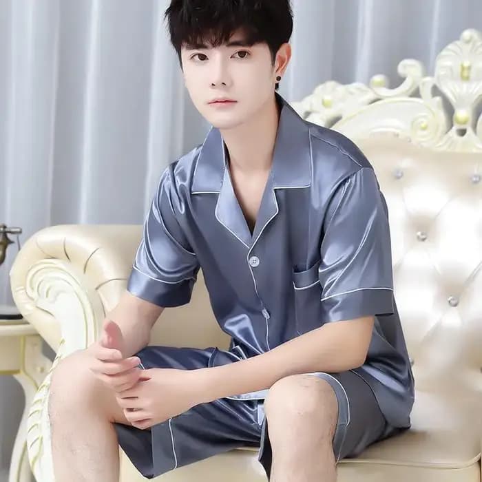 Pyjama en soie glacée pour homme - Ensemble d'été léger avec haut à manches courtes et short ample - Grande taille - Tendance jeunesse