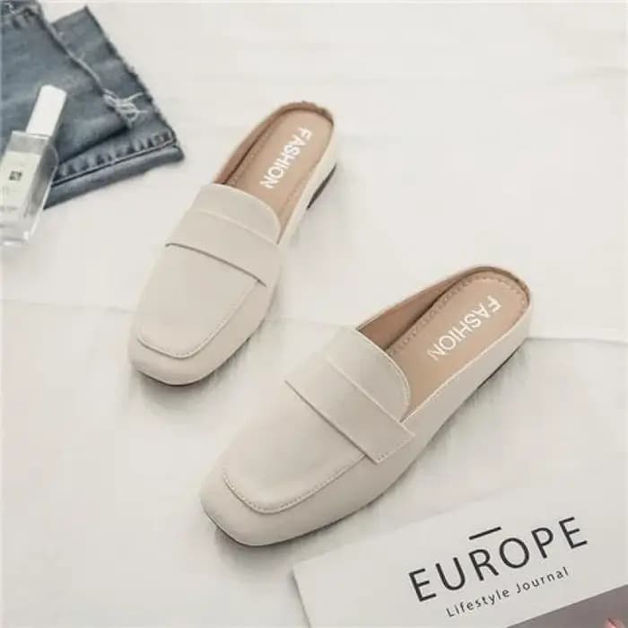 Baotou-Demi-pantoufles en cuir souple pour femme, chaussures plates à enfiler, semelle souple paress