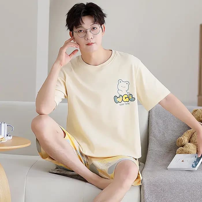 Couple mignon dessin animé pyjama ensemble été hommes et femmes 100% coton à manches courtes pyjamas