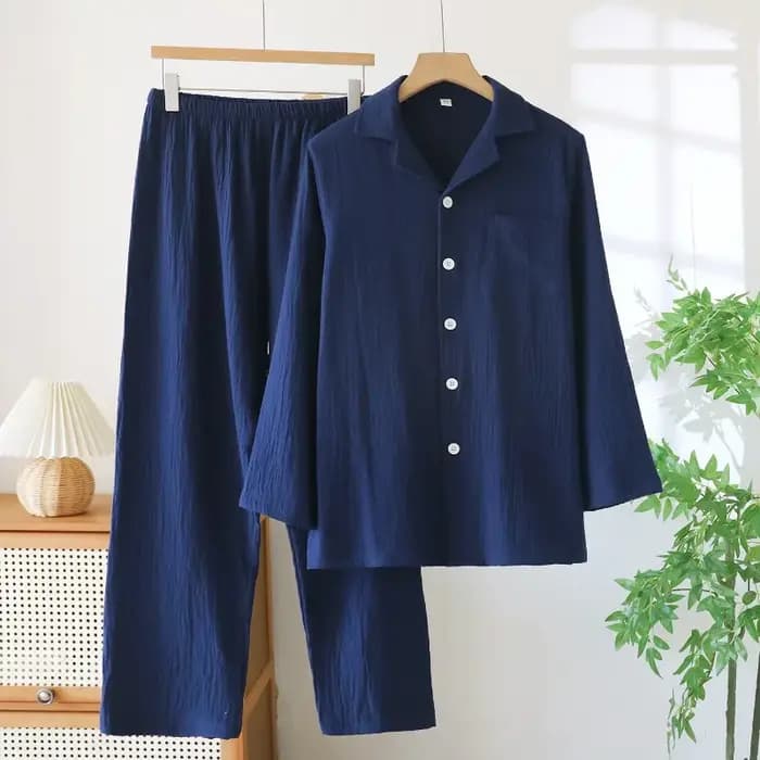 Pyjama fin à manches longues pour hommes, grande taille, vêtements de détente en gaze de coton pur, costume à revers, couleur unie, vêtements de nuit amples, printemps et automne
