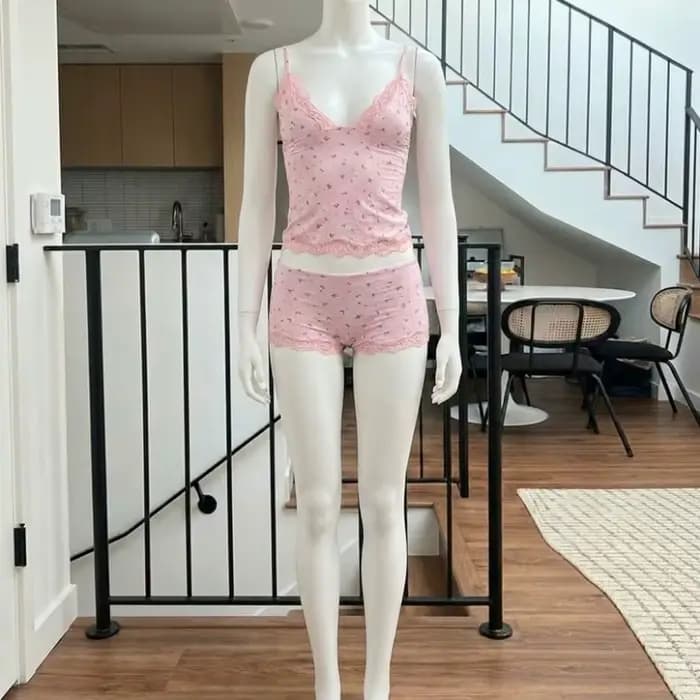 Ensemble de pyjama sexy deux pièces en dentelle florale rose pour femme