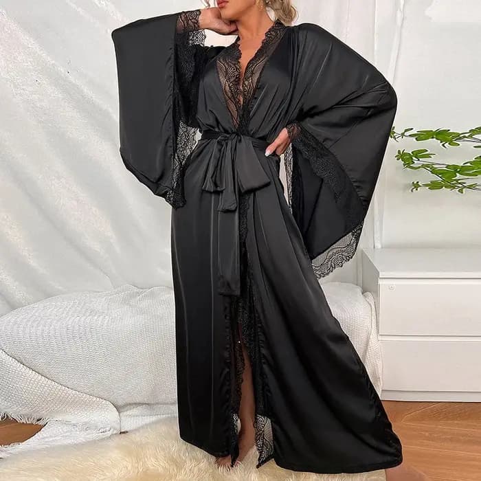 Nouveau Satin Long pyjamas pour femmes dentelle luxueux manches longues sensation de fraîcheur Robe peignoir vêtements de nuit
