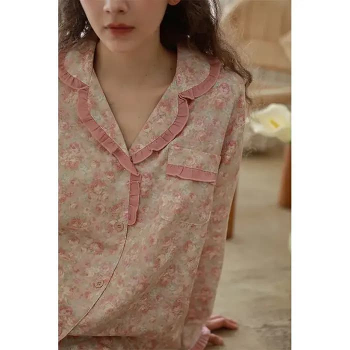 Cottagecore ensemble pyjama à fleurs pour femmes Vintage garniture à volants 100% coton doux à manches longues vêtements de nuit romantique douce princesse