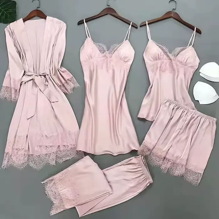 Blanc 5 pièces ensemble de sommeil Pyjamas dame dentelle Satin