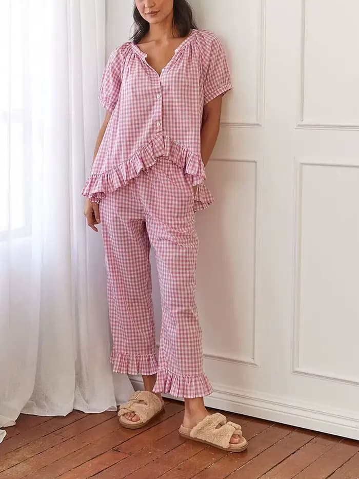 Pyjama à carreaux à manches bouffantes sur le devant pour femmes