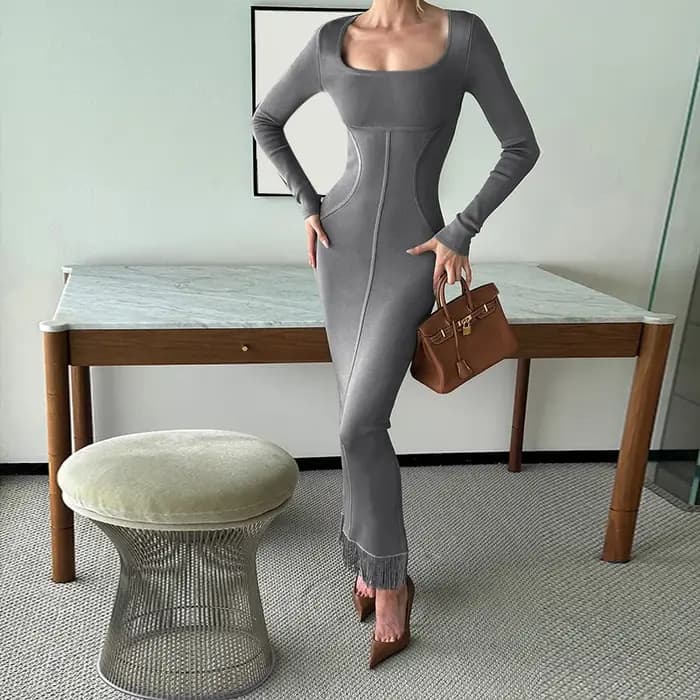 2025 nouveau Vintage Sexy col rond Robe mince femmes mode solide à manches longues taille haute hanche poche robes été