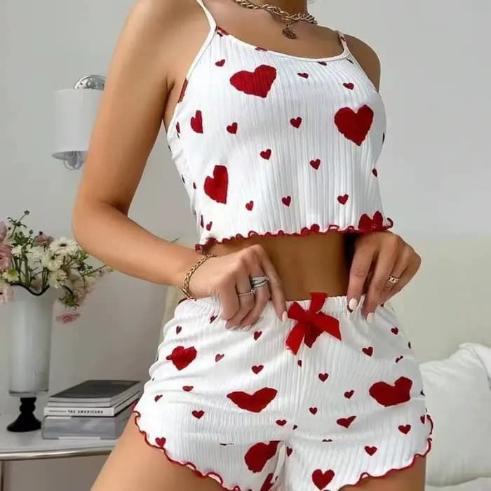 Ensemble de pyjama pour femmes Kawaii Love Heart, pyjama à nœud, vêtements de nuit en deux pièces, p