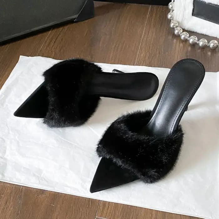Sexy imprimé léopard moelleux en peluche pantoufles à talons femmes bout pointu dos nu élégant gliss