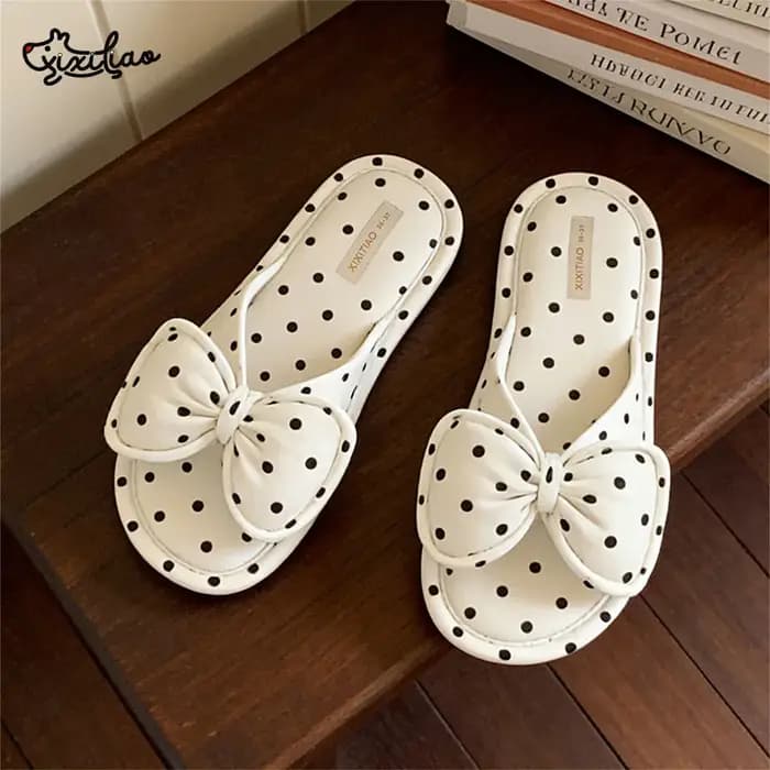 XIXITIAO Chaussons d'intérieur pour femmes, mode décontractée, en coton, avec nœud, à pois, chaussures plates confortables, sandales à bride unique