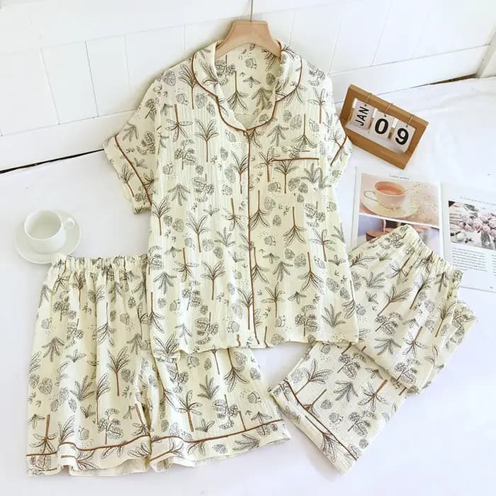 Été femmes pyjamas 3 pièces ensemble 100% gaze coton vêtements de nuit féminins chambre