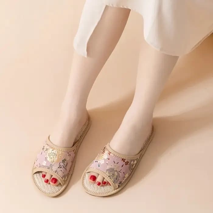 Chaussons antidérapants en lin, absorbants la transpiration, pour hommes et femmes, doux, style chinois, broderie florale, pour chambre à coucher