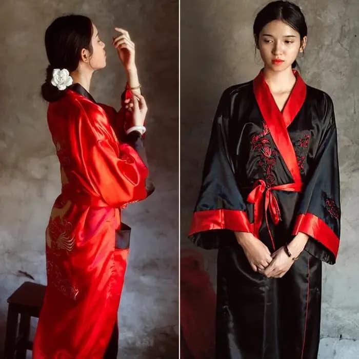 Nouveauté Robe de bain réversible femmes Kimono Yukata Satin broderie Dragon chemise de nuit chinois