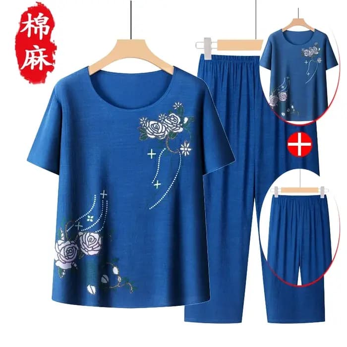 Ensemble de pyjama en coton et lin à imprimé floral pour femmes matures