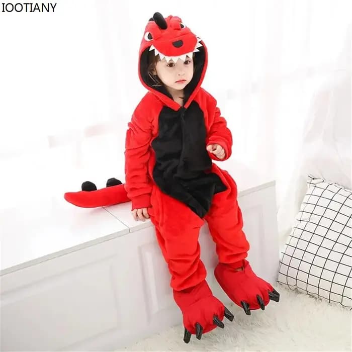 Pyjama Chaud en Motif de Dinosaure Rouge pour Enfant