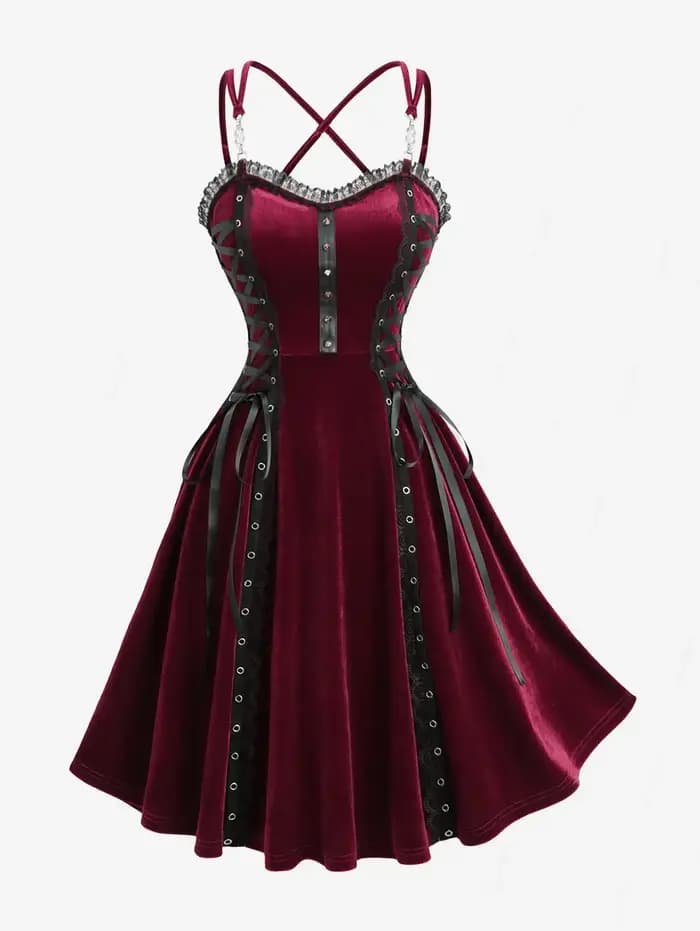 Femmes gothique Vintage robes Costume à lacets PU sangle Rivet croisé à bretelles velours Halloween