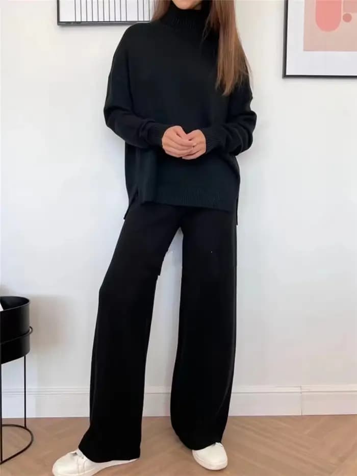 Ensemble 2 pièces pour femme, survêtement tricoté, pull à col roulé et pantalon de Jogging droit, au