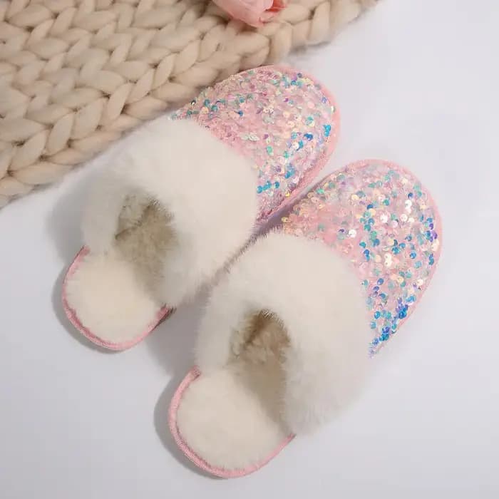Pantoufles d'intérieur en fourrure de tissu à paillettes de luxe pour femmes
